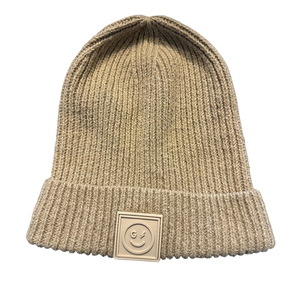 Ribbed Knit Beanie‎ Hat - Tan Smiley Face Patch - Warm Winter Casual